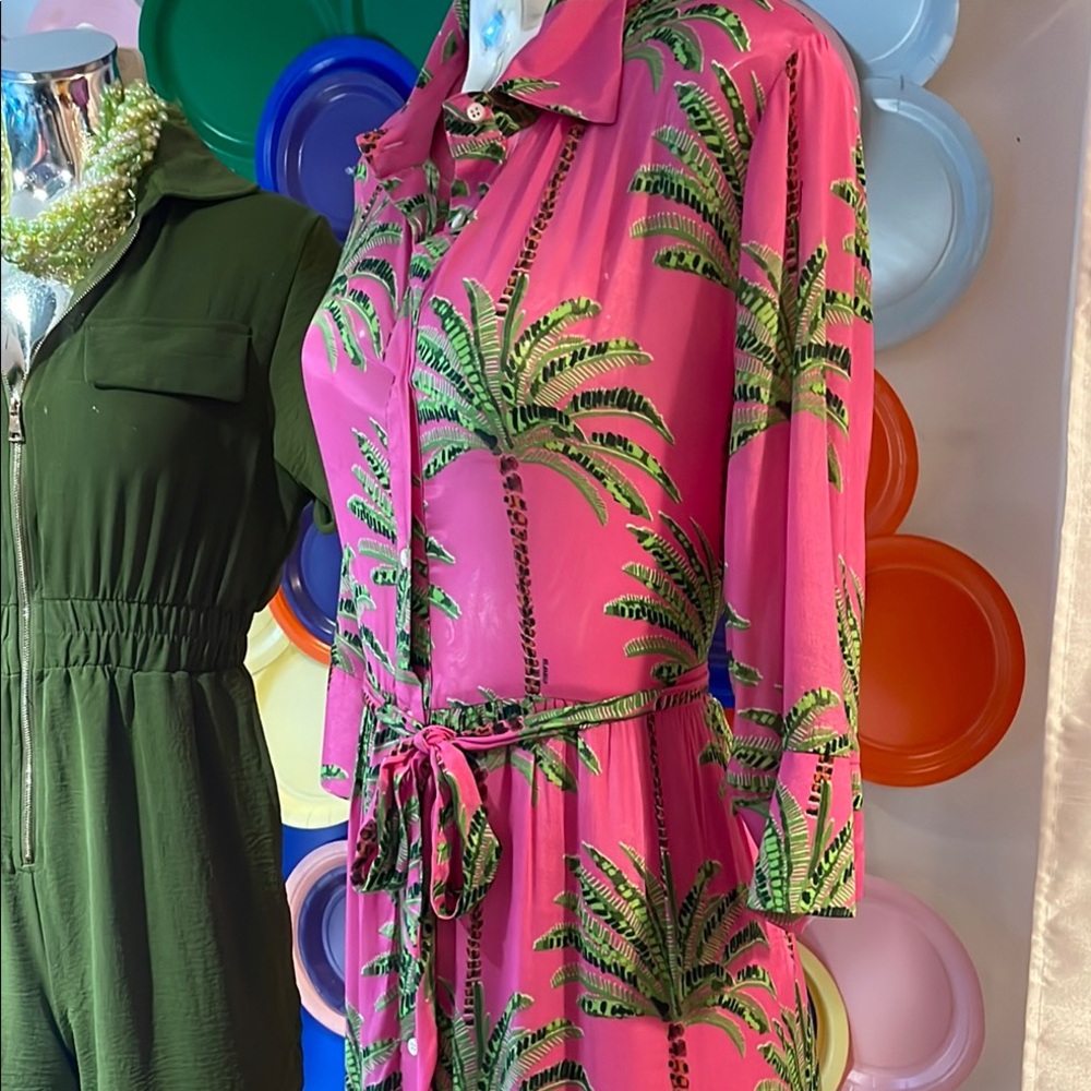 Vilagallo Pink and Green Palm Print Long Sleeve Dress